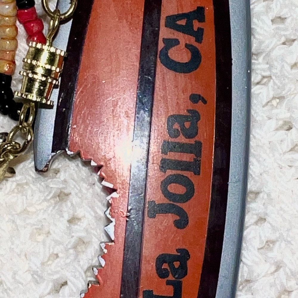 Purse fob from San Diego shark and surf board